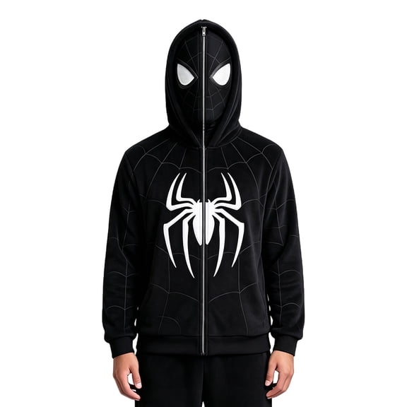 Spider Cosplay Hoodie Full Zip Mask Sweatshirt Web Print Streetwear Superhero Costume Jacket for Men