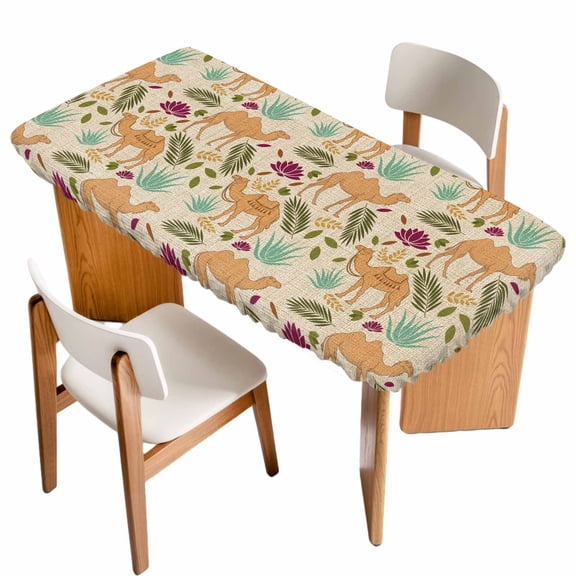 Desert Camels Table Cloths for 4 Foot Rectangle Tables, Vintage Sand Animals Aloe Vera Leaves Beige Patio Waterproof Elastic Fitted Tablecloths, Washable Rectangular Table Cover for Camping
