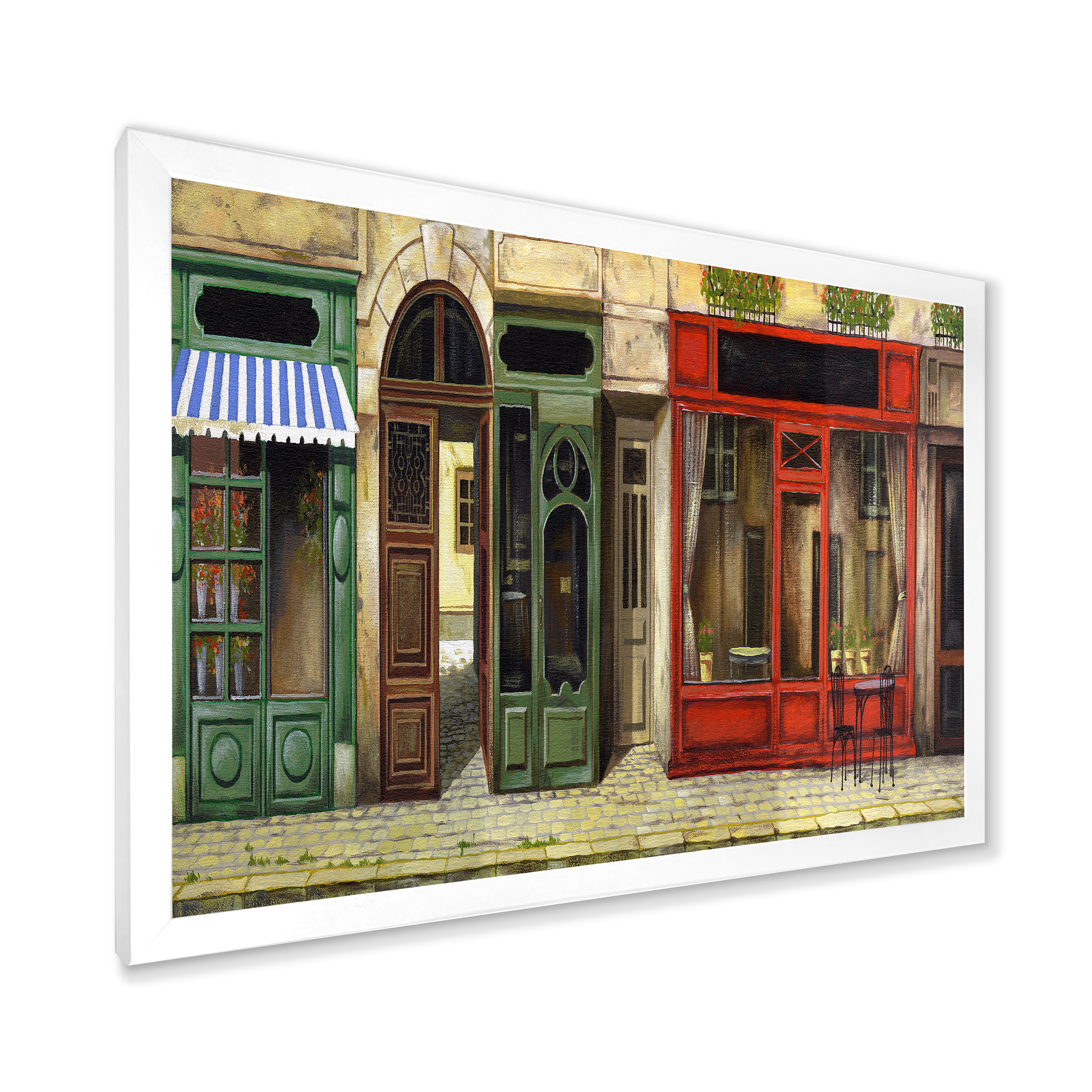 Red Facade of Charming Shop In Paris Street II 32 in x 24 in Framed Painting Canvas Art Print, by Designart