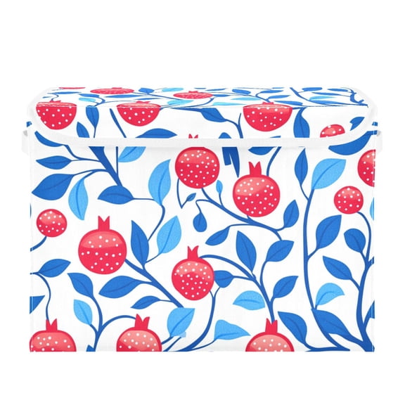 Red Pomegranate and Blue Leaf Illustration Large Storage Bins with Linen Collapsible Lid Storage Box 16.7 x 12.6 x 11.8in