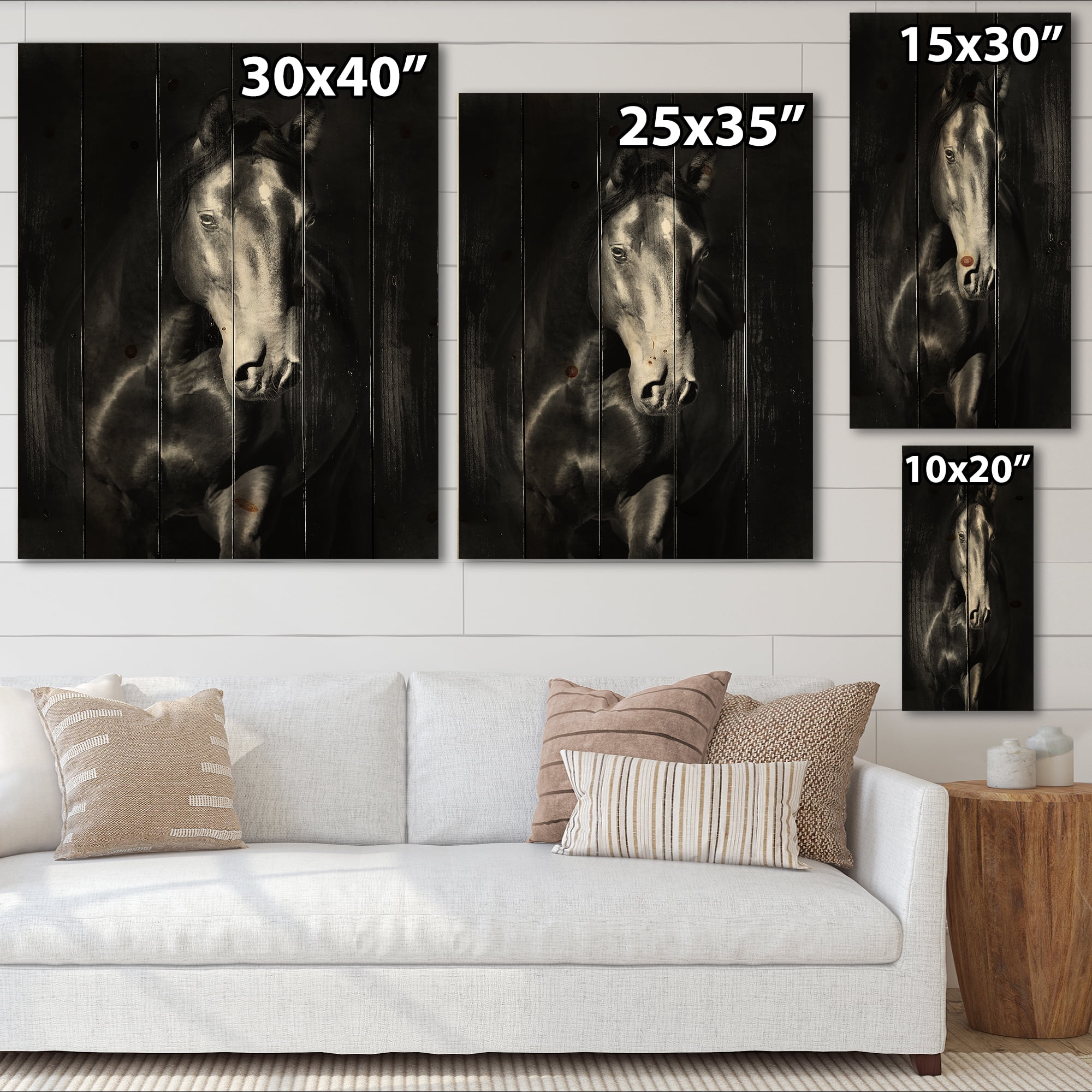 Designart 'Close Up Portrait Of Black Kladruby Horse' Farmhouse Print on Natural Pine Wood