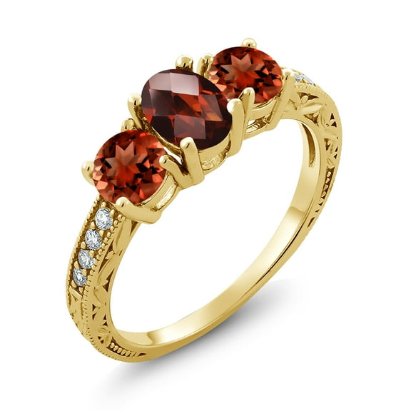 Gem Stone King 3.12 Ct Oval Checkerboard Red Garnet 18K Yellow Gold Plated Silver Moissanite Ring (Size 5)
