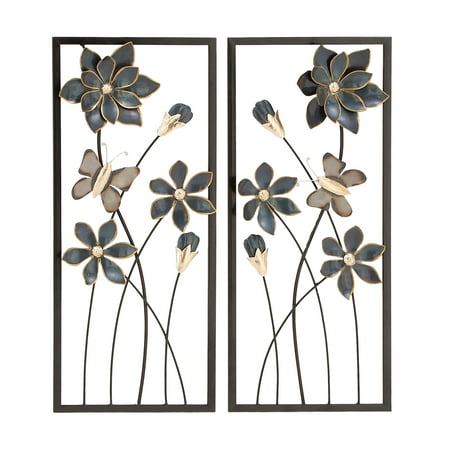 Decmode Set of 2 Natural 28 X 12 Inch Iron Flower and Butterfly Wall Decor, Black