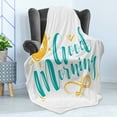 thumbnail image 4 of Saying Soft Flannel Fleece Throw Blanket, Beach Concept Smiling Sun and Wavy Morning Greeting Message, Cozy Plush for Indoor and Outdoor Use, 50" x 70", Turquoise Earth Yellow, by Ambesonne, 4 of 5