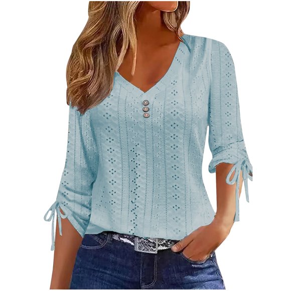 Admvng 3/4 Length Sleeve Womens Tops Buttons Solid Color Long Sleeve V-Neck Casual Blouse Tops Going Out Tops for Women S-3XL
