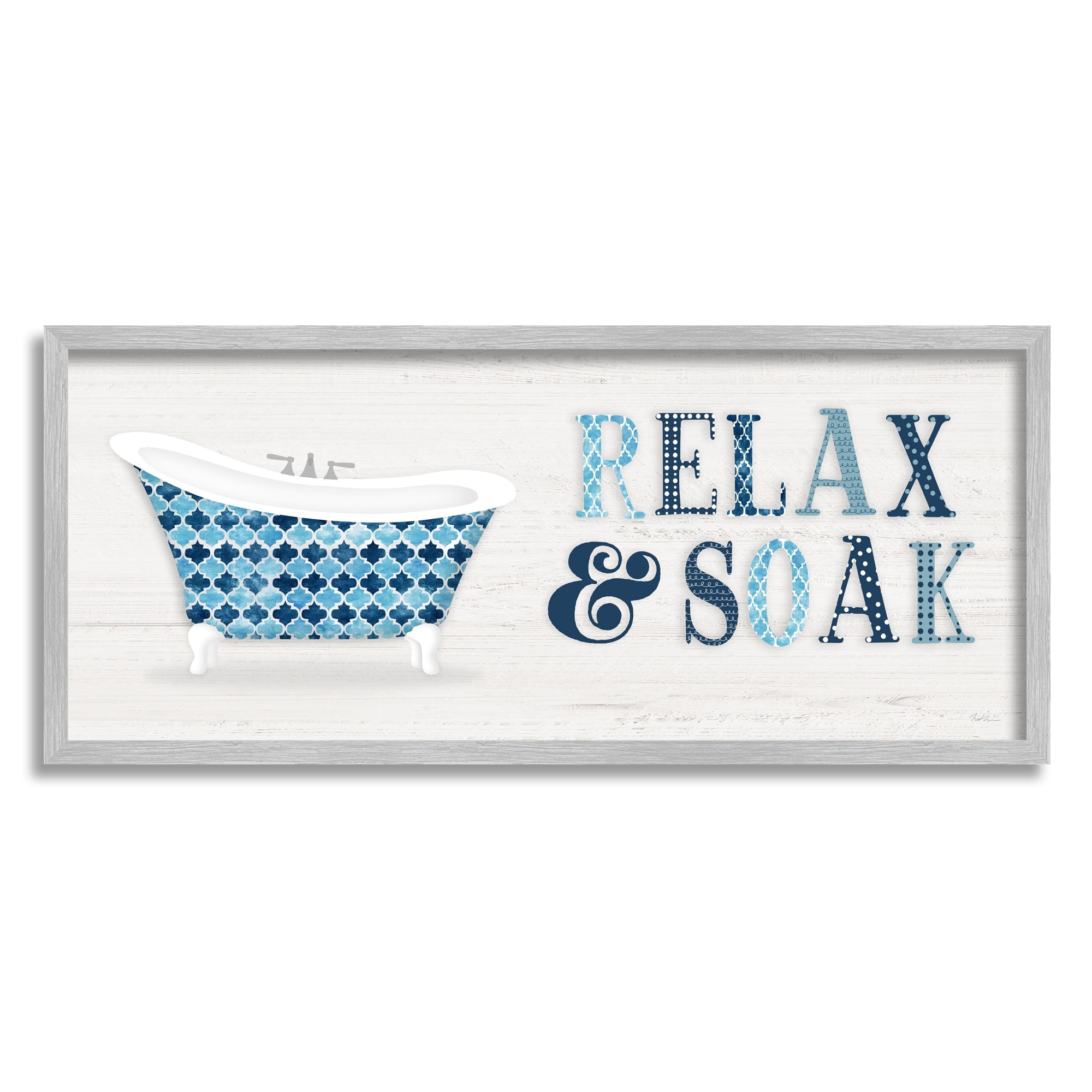 Natalie Carpentieri Soak Relax Tub Geometric Patterned Typography Bathroom Sign 30" x 13" Framed Painting Art Print, by Stupell Home Décor