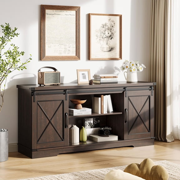 Farmhouse TV Stand for TVs up to 65 Inches, Entertainment Center with Adjustable Shelves & 2 Door Storage, Media Console Table for Living Room Bedroom