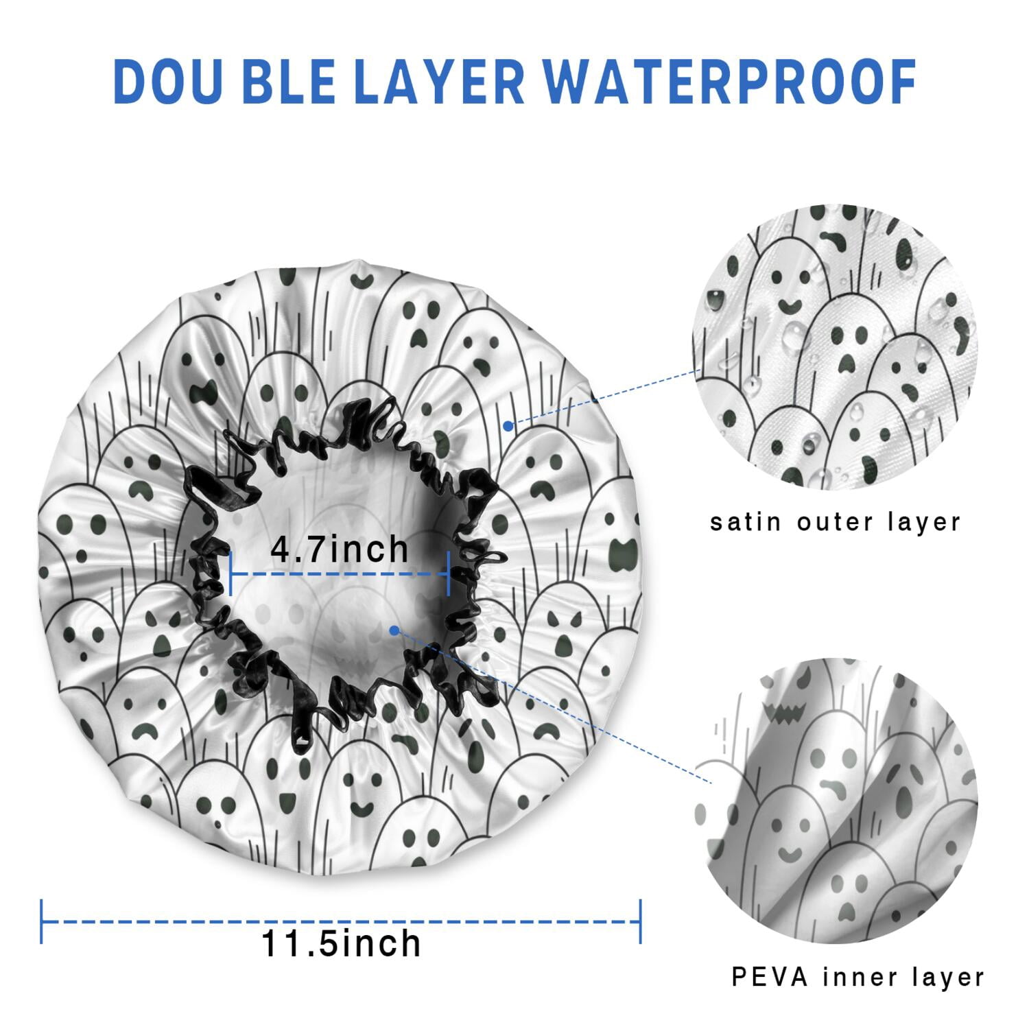 Shower Caps,Black and White Halloween Ghosts Waterproof Shower Cap for Women 4 Pieces,Double Reusable Hair Cover for Shower PEVA Elastic Stretch Hem