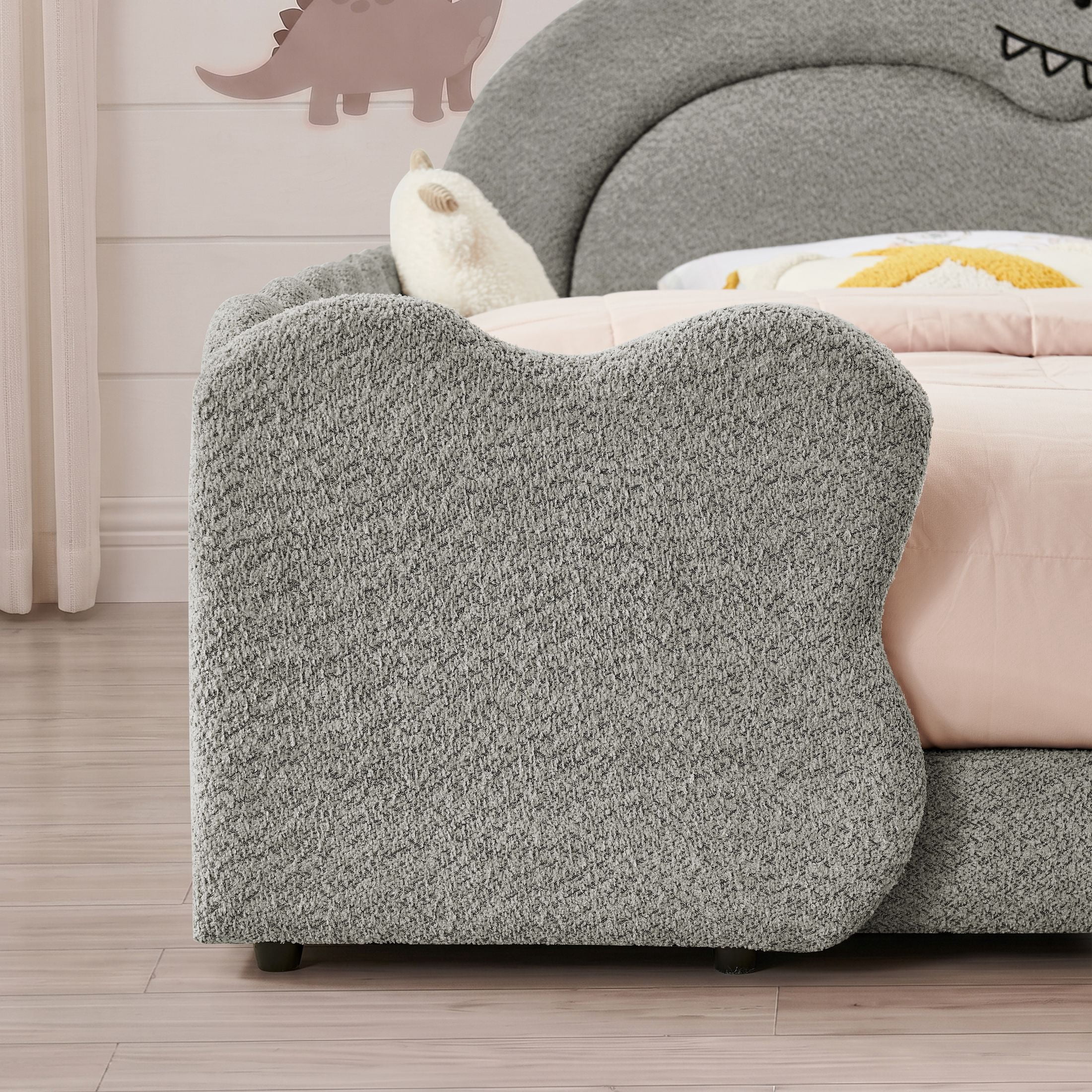 GDF Studio Full Size Cute Dinosaur Bed with Safety Guardrails & Solid Wood Frame, Boucle Fabric Upholstered Bed, Grey