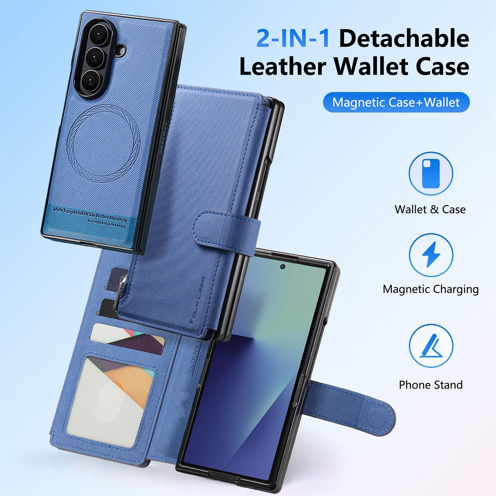Allytechgroup for Samsung Galaxy Z Fold 3 Flip Case, Support Wireless Charging Anti-Scratch Built-in Grip Ring Shock-Absorbent PU Leather Protective Cover for Samsung Galaxy Z Fold 3, Blue