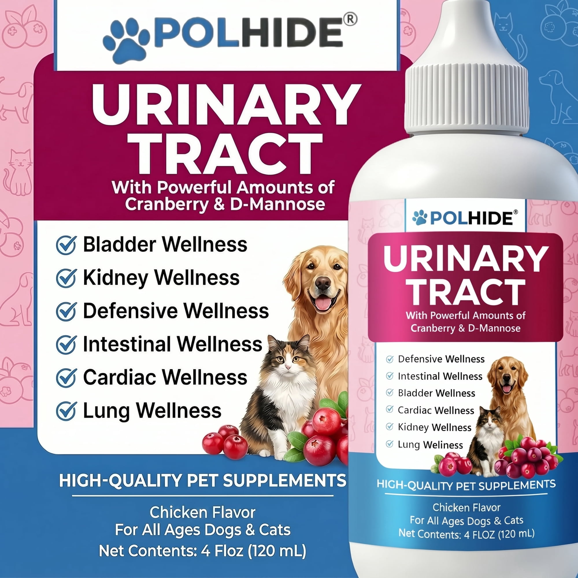 POLHIDE Cranberry Urinary Tract Supplement for Dogs and Cats, Kidney Bladder Health, D-Mannose, Bacon Flavor, 4 fl oz