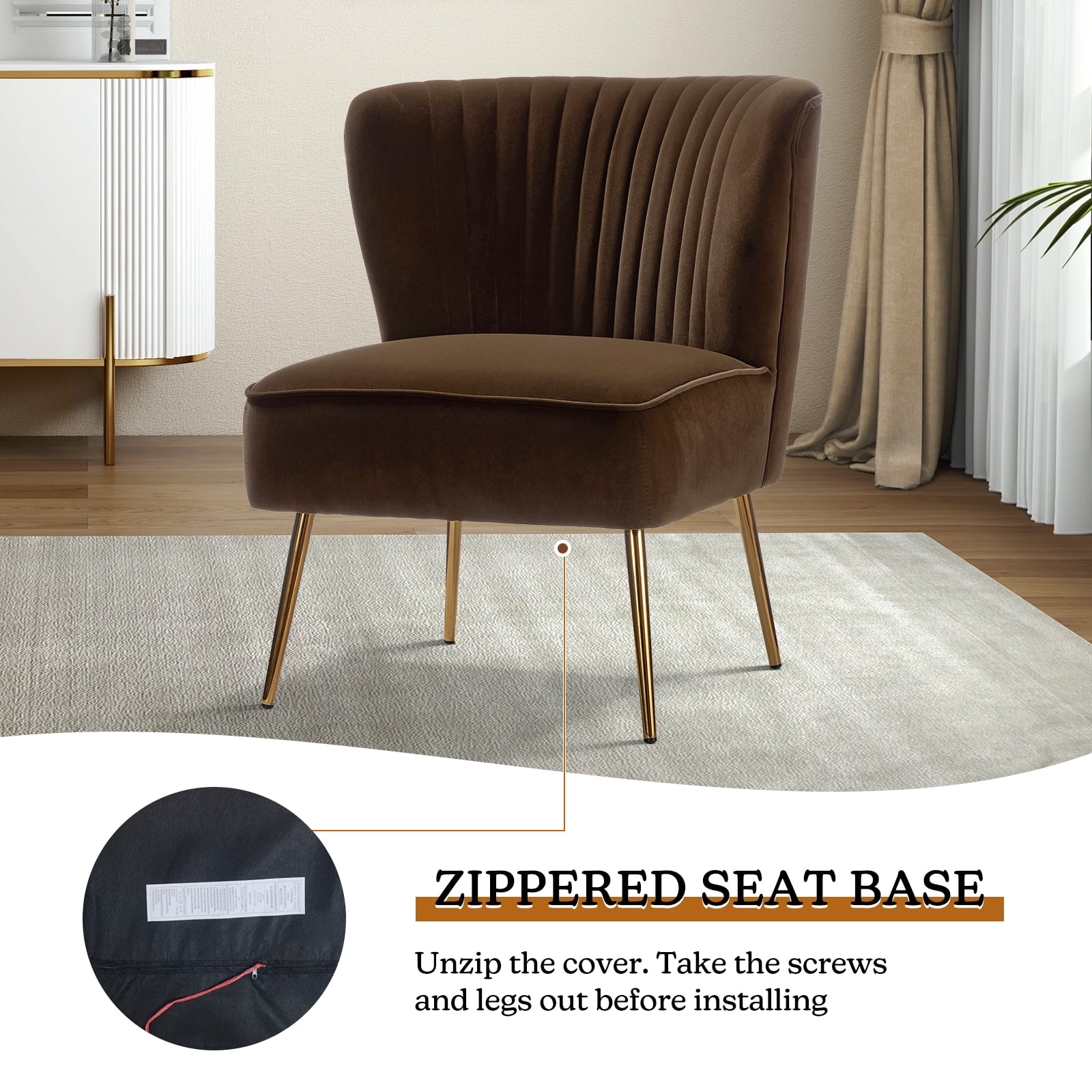 Velvet Accent Chair Set of 2,Upholstered Adult Side Chairs Gold Metal Leg  Home Bedroom Tan | Schalenstühle
