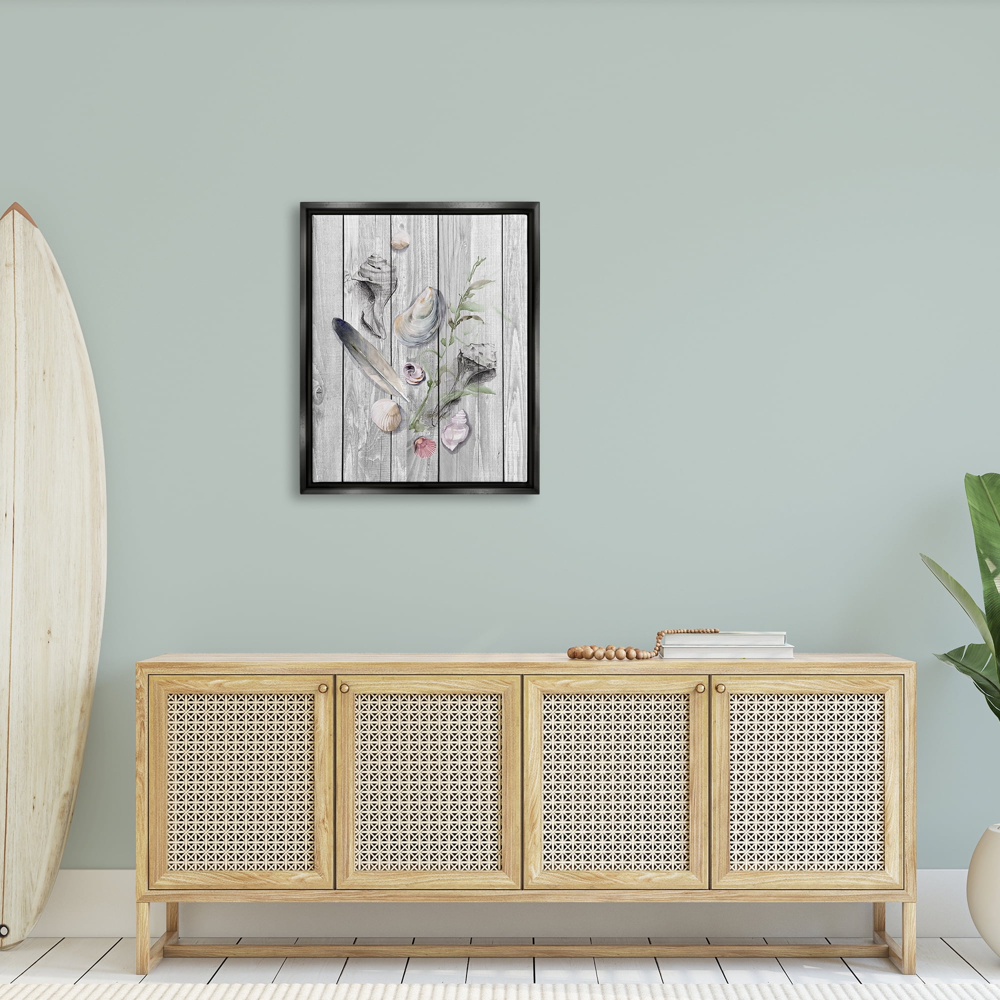 Stupell Feather & Seashells Collection Dock Landscape Painting Black Floater Framed Art Print Wall Art