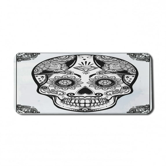 Day of the Dead Computer Mouse Pad, Holiday Sugar Skull Print with Floral Mandala Spanish Folk Artwork, Rectangle Non-Slip Rubber Mousepad X-Large, 35" x 15", Black Pale Grey, by Ambesonne