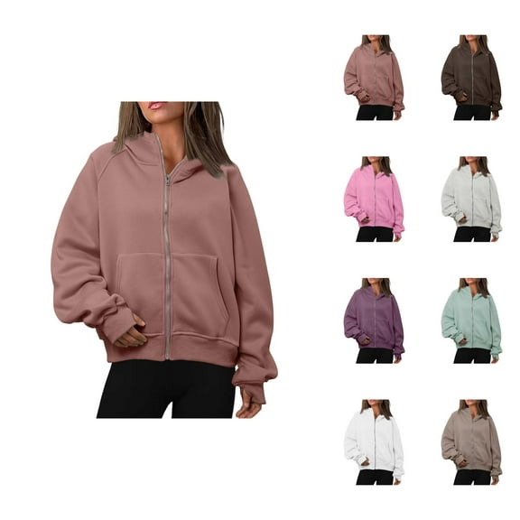 Tunic Tops for Women Loose Fit Dressy Women's Solid Color Sweatshirt Women's Loose Coat Hooded Cardigan Zipper Hoodie