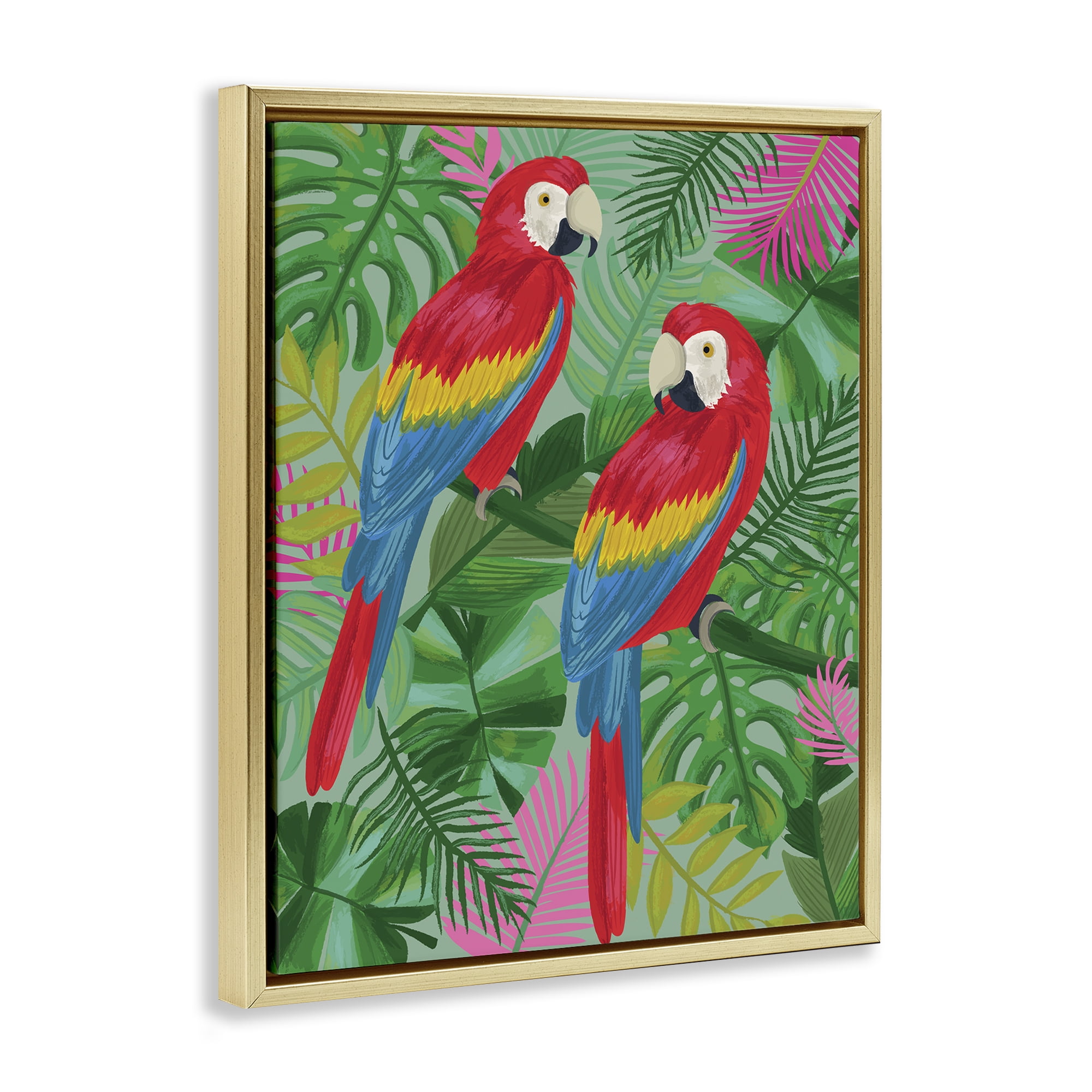 Stupell Industries Pink Paradise Parrots Animals Painting Gold Floater Framed Canvas Art Print Wall Art, 17 x 21