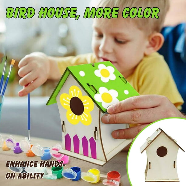Kit de casita para pájaros DIY para niños - Set de manualidades de madera pintado a mano con 12 pinturas y pinceles, montaje seguro de puzzles para decoración del hogar y regalos creativos