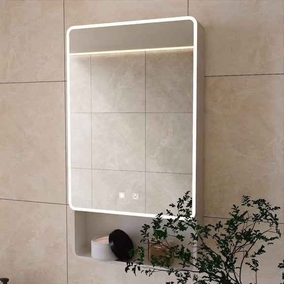 Mirror Medicine Cabinet with Storage, Warm led Lighted Bathroom Mirror Anti Fog smart Medicine Cabinet,wall Mounted Mirror Cabinet, 19.6 * 35.4 one Door Aluminum-Plastic Cabinet,White