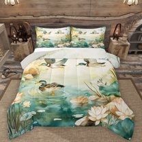 Manfei Pink Lotus Leaf Queen Comforter Set,Mallard Duck Bedding Sets,Country Farmhouse Lodge Bedding Comforter Set For Teens,Ultra Soft Home Decor Reversible,3 Pieces