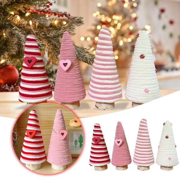 4Pcs Valentines Day Tiered Tray Decor, 6.5" Yarn Wrapped Trees, Pink Red White Striped Cone Signs with Heart, Farmhouse Rustic Tabletop Centerpiece, Home Kitchen Mantle Decoration
