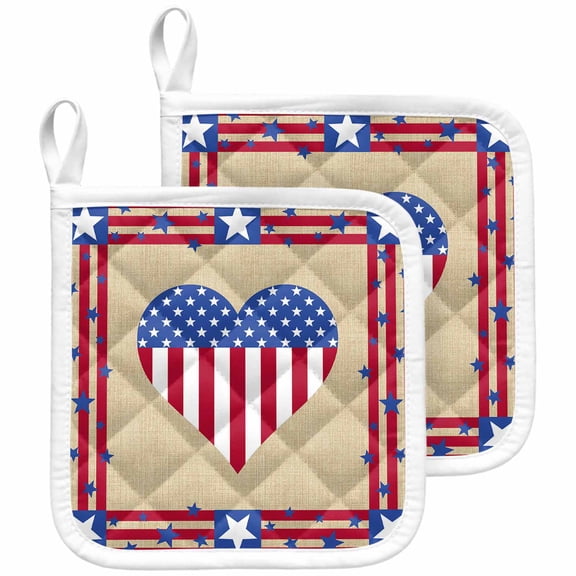 4th of July American Flag Love Heart Pot Holders for Kitchen Heatproof Potholder, 2 Pack Stripes Independence Day Hot Pads Multipurpose Oven Pads Cloth Potholders Trivet for Cooking and Baking