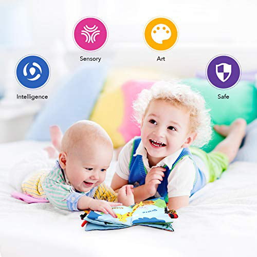 Ealing Soft Cloth Books for Babies 8 Pages Washable Baby Books with Teether Jungle Animals Preschool Enlightenment Toddler Books with Tails Toy Infant Early Development Activity Toy