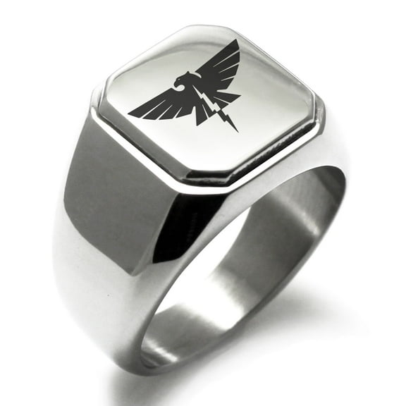 Tioneer Stainless Steel Zeus Greek God of Sky Engraved Square Flat Top Biker Style Polished Signet Ring