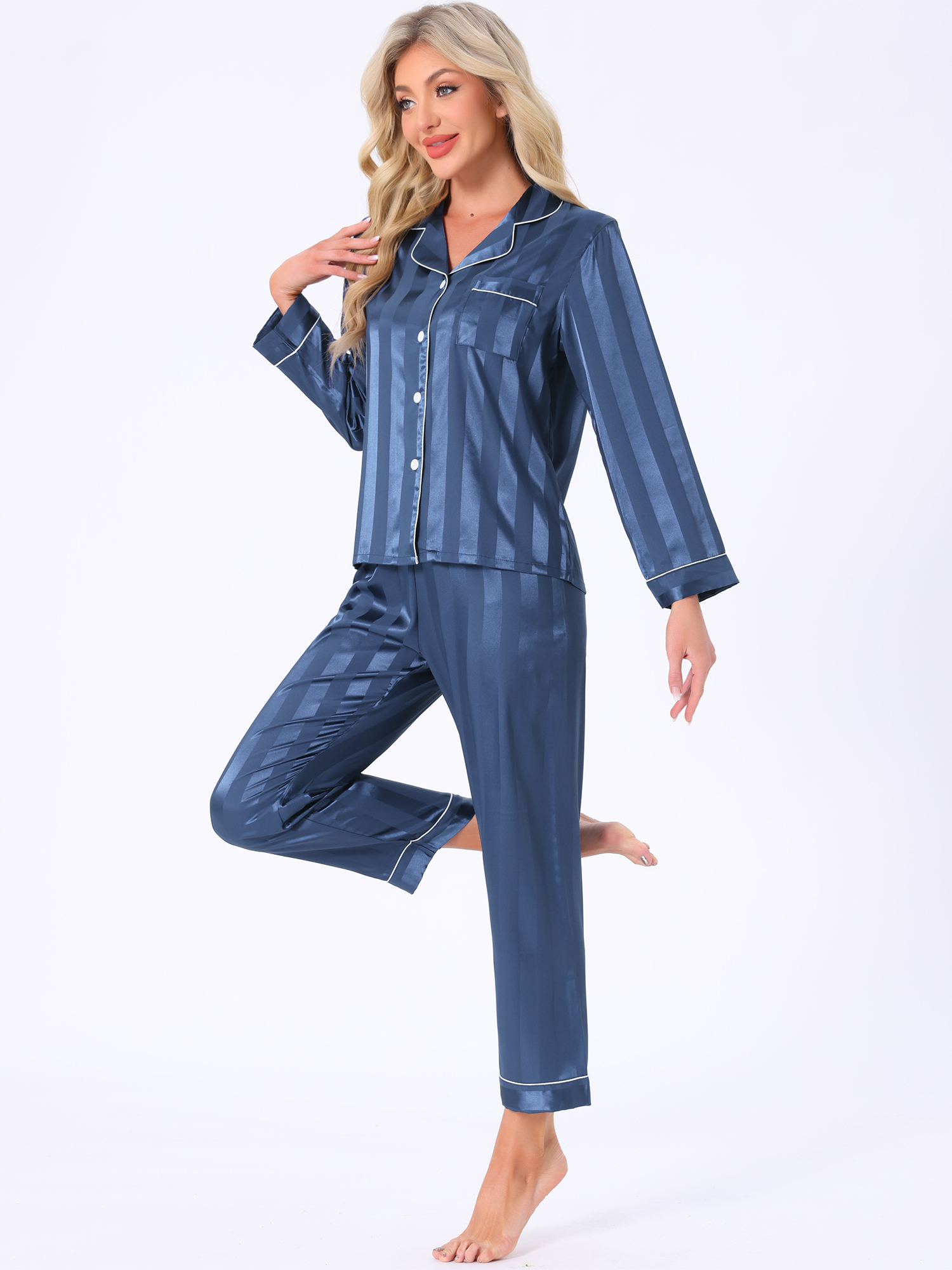 DARING DIVA Women's Satin Stripe Button Down Pajama Sets XS Blue