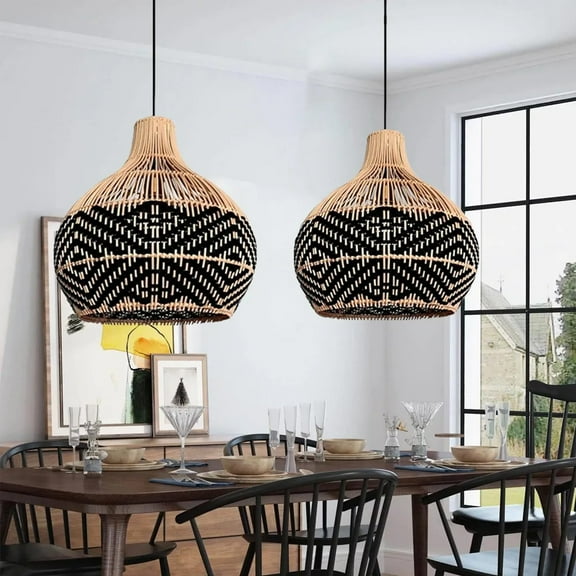 UEEYAC Black Pattern Lampshade Vintage Rattan Pendant Light