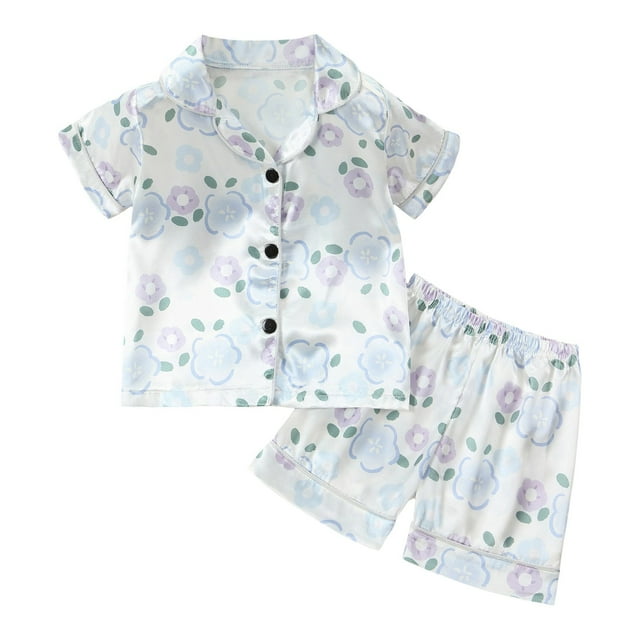 Ensemble de Pyjamas en Soie pour Filles, Imprimé, Manches Courtes, Boutons, Ensemble de Hauts, Pyjama Classique, Taille 2-3 Ans, Garçons et Filles, Mode