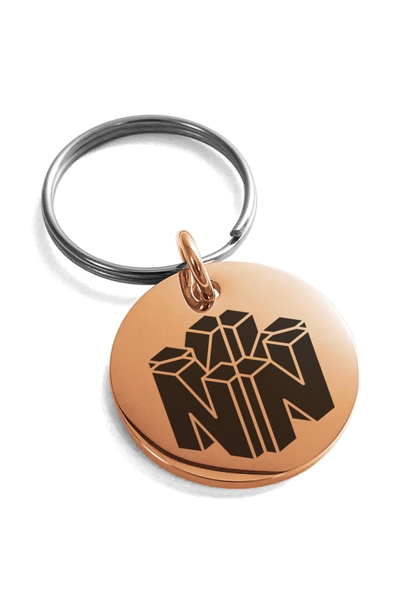 Stainless Steel Letter N Initial 3D Cube Box Monogram Engraved Small Medallion Circle Charm Keychain Keyring