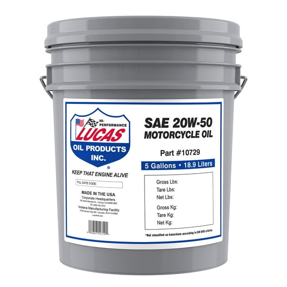 Lucas Oil (345) 10729 SAE 20W-50 Motorcycle Oil, 5 Gallon / 18.9 L Pail