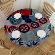 QKZF Train Round Tablecloth, Cartoon Pattern of Digital Drawn Locomotive Pattern with Railroad Tracks, Circle Table Cloth Cover for Dining Room Kitchen Decoration 42-46