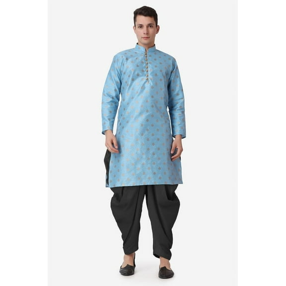 Royal Kurta Elegant Firozi Jacquard Silk Printed Long Kurta and Black Salwar for Men