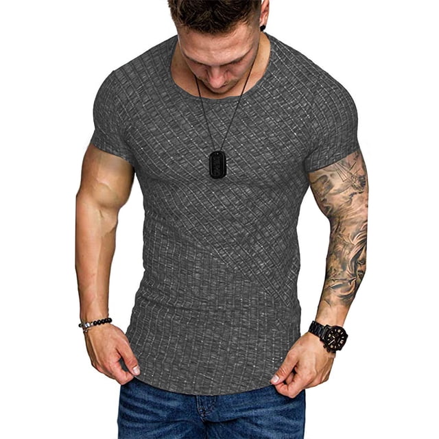 HIMONE Men Athletic Workout Shirt Sport Running Slimming Body Shaper Tee Tops Rib Knit Round Neck T-Shirts