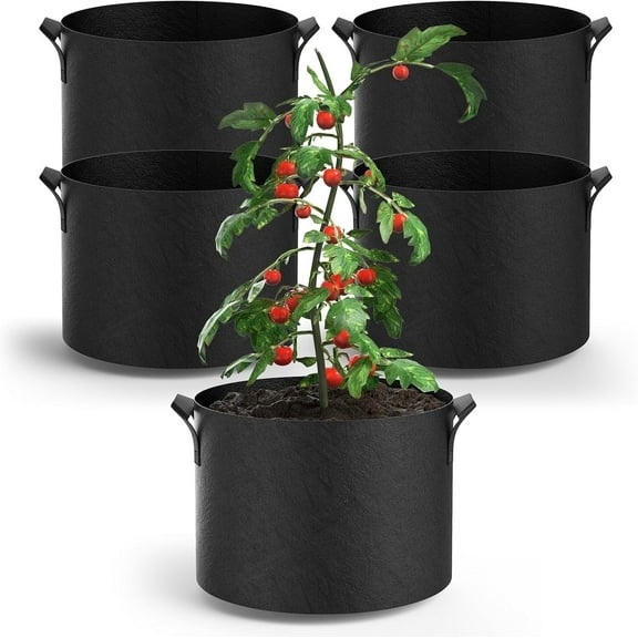 5 Gallon Grow Bags (5-Pack) 鈥?Heavy Duty Thickened Aeration Fabric Pots with Handles for Plants, Vegetables & Root Training 鈥?Sturdy Non-Woven, Improved Drainage & Airflow