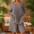 thumbnail image 4 of IWRICH Women's Short Sets 2 Piece Outfits Plus Size Linen Short Sleeve Shirts and Shorts Spring Summer Outfits Khaki XXL, 4 of 6