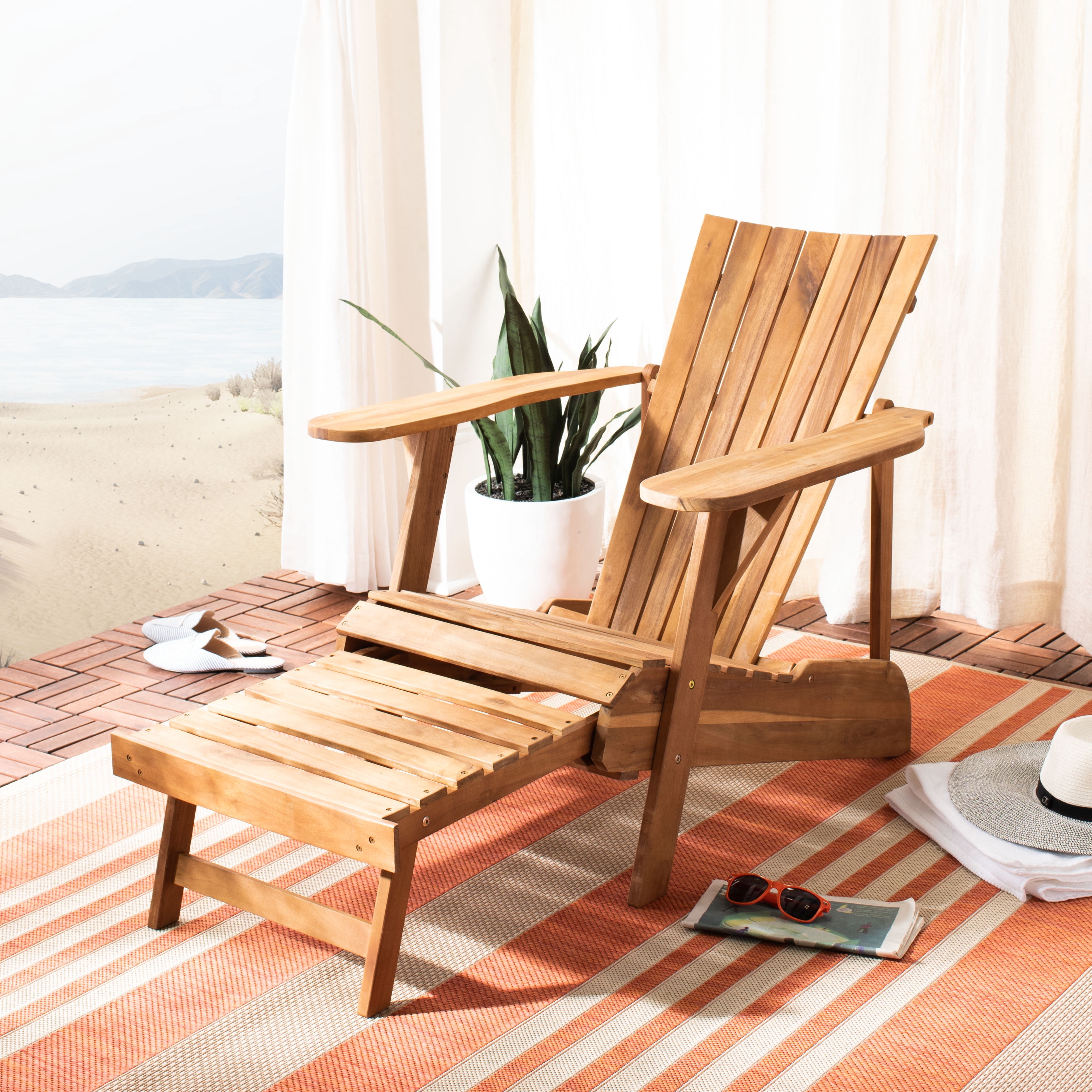 Safavieh Merlin Acacia Wood Adirondack Chair w/ Retractable Footrest in Natural