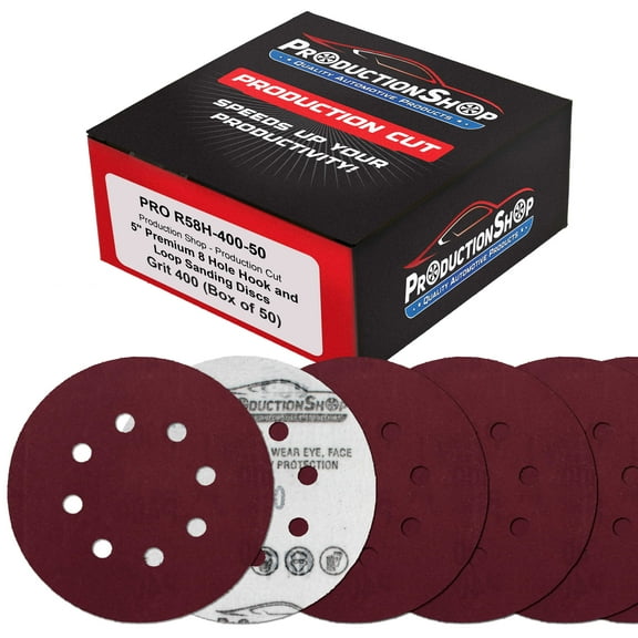 ProductionShop Premium 5" Red 8-Hole Pattern 400 Grit Sanding Discs, Box of 50 - Dustless Hook & Loop Backing Sandpaper for Random Orbital Sanders, Extra-Fine-Cut Abrasive - Woodworking, Auto Paint