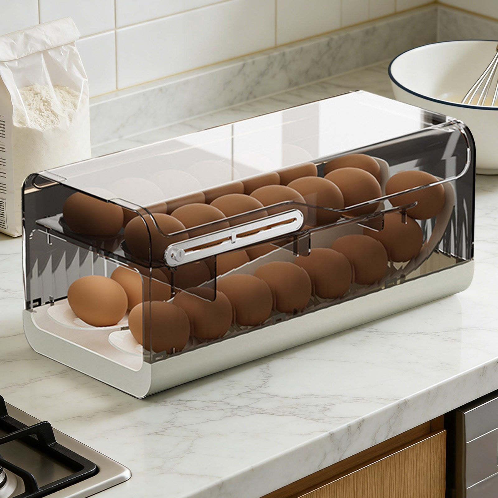 Automatic Rolling Egg Holder for Refrigerator, 2 Layer Stackable Egg Organizer with Lid, Clear Egg Storage Container and Tray for Fridge Door, Large Capacity Space Saving