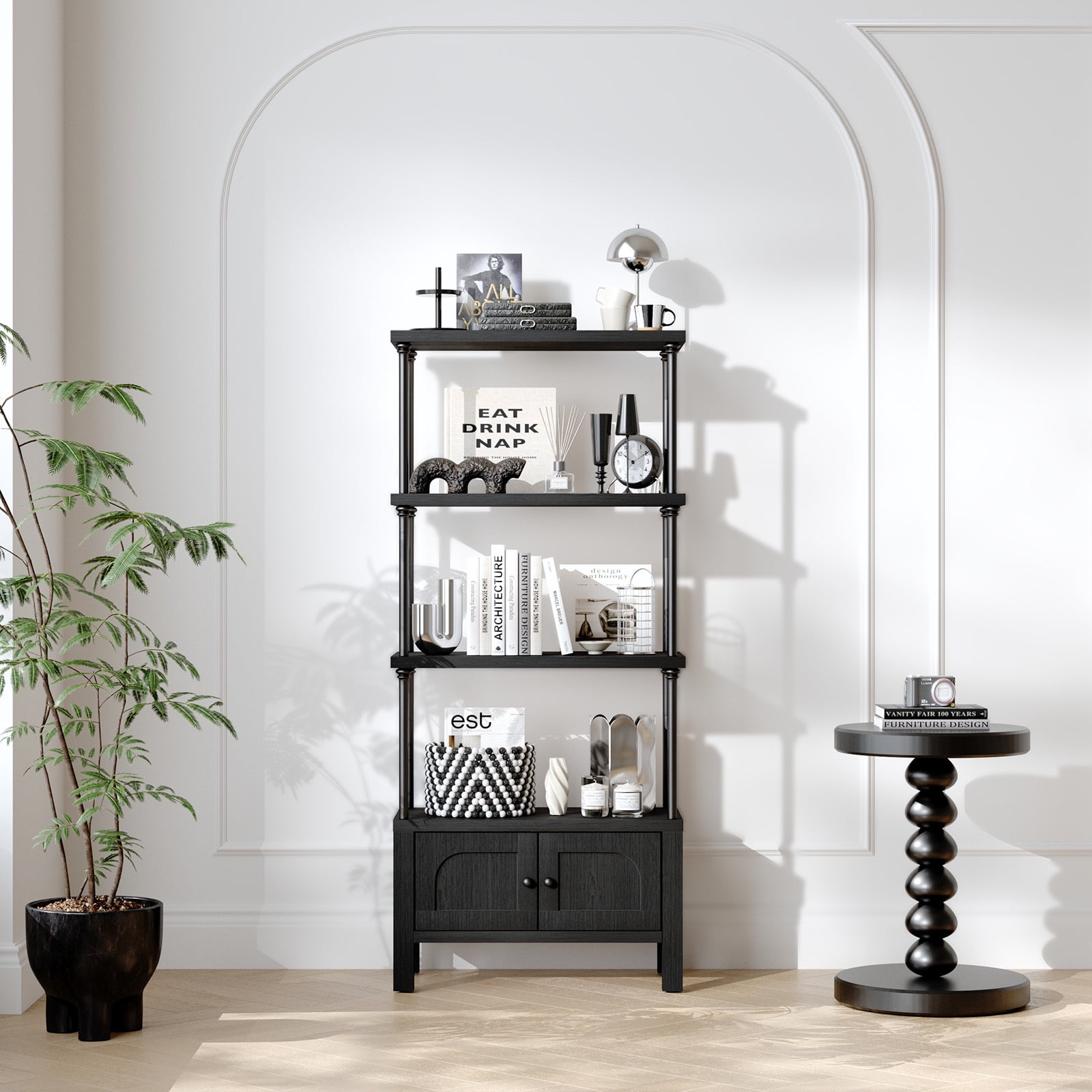 Furnibear Bookshelf with 2 Doors 55 Inches Tall 4 Tier Storage Shelf with Cabinet,Modern Open Bookcase for Living Room or Home Office,Black