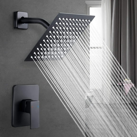 Shower Faucet Set,8inch Rain Shower Head System Brass Shower Faucet Complete Set with Pressure Balance Valve, Black