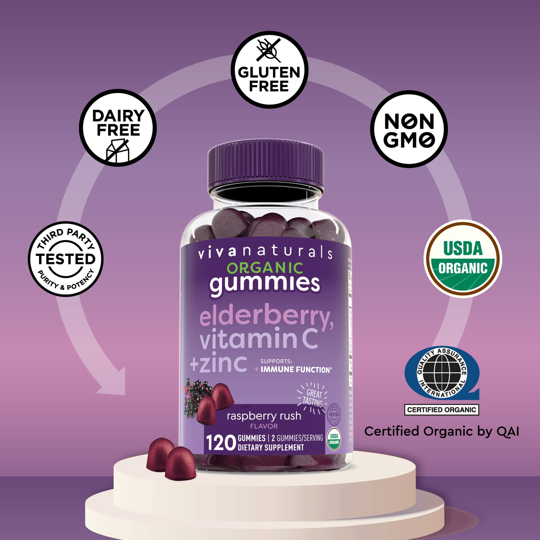 Viva Naturals Organic Elderberry, Vitamin C + Zinc Gummies, Raspberry Rush Flavor, 120 Gummies