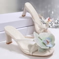 thumbnail image 5 of Womens Kitten Heels Square Toe Tong Sandals Heeled Flip Flops with Flower Decor Summer Dressy Slip on Slides Shoes Beige Size 6.5, 5 of 9