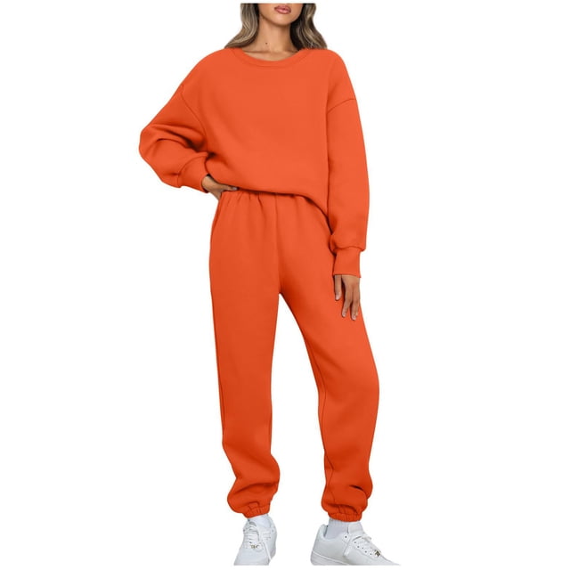 Pisexur Ensemble Pantalon 2 Pcs Mode Décontractée Ensemble de Survêtement Uni pour Femmes Chandails à Manches Longues à Col Rond Hauts à Enfiler Pantalons Longs Élastiques Survêtements Ensembles de Détente P-3TG