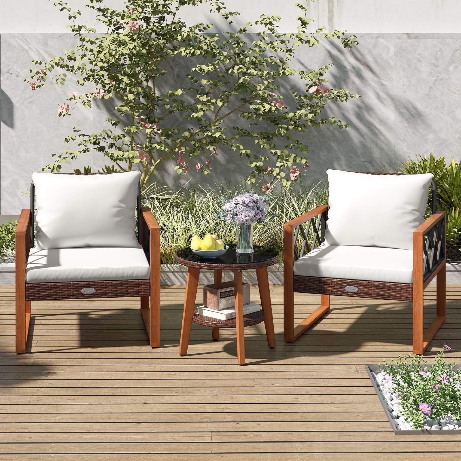 Costway 3 PCS Patio PE Wicker Furniture Set with Solid Acacia Wood Frame & Cushions