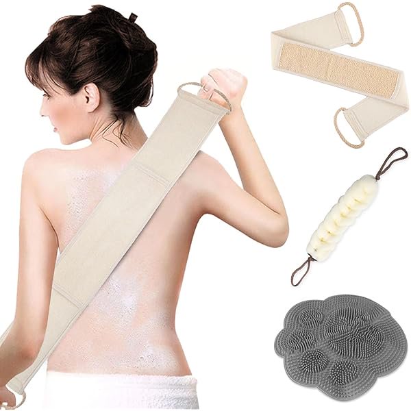wonima11 Back Scrubber for Shower Exfoliating Loofah with Handle 3 Piece Body Scrubber Bath Sponge for Men and Women Shower Towel