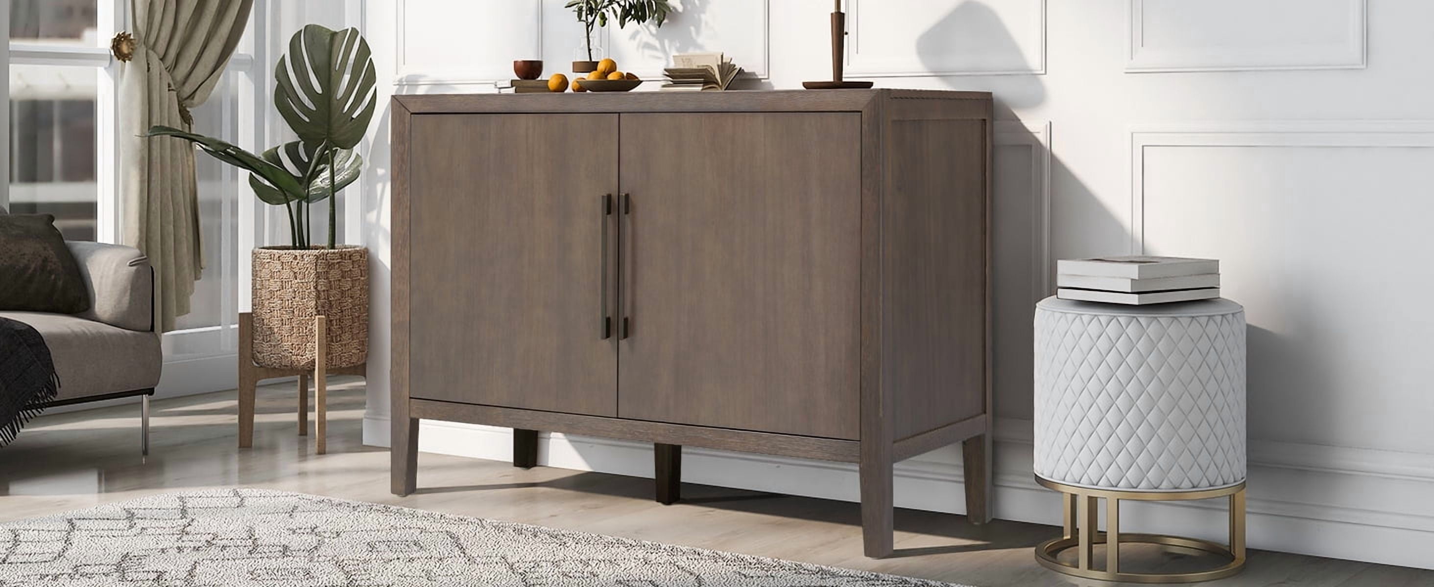 Mintazer 47.25" Farmhouse Sideboard with 2 Doors & Adjustable Feet, Wooden Storage Cabinet with Pine Veneer & Metal Handles for Entryway Living Room, Brown
