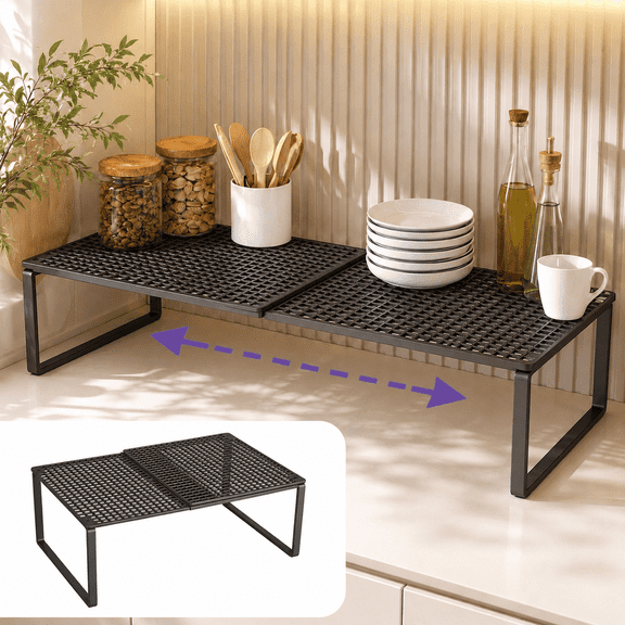 Extendable Cabinet Organizer Shelf, Adjustable Metal Wire Cabinet Shelf Organizer, Stackable Storage Rack 15-24.4in for Kitchen Pantry Bathroom Shoe Cabinet Tool Closet, Black