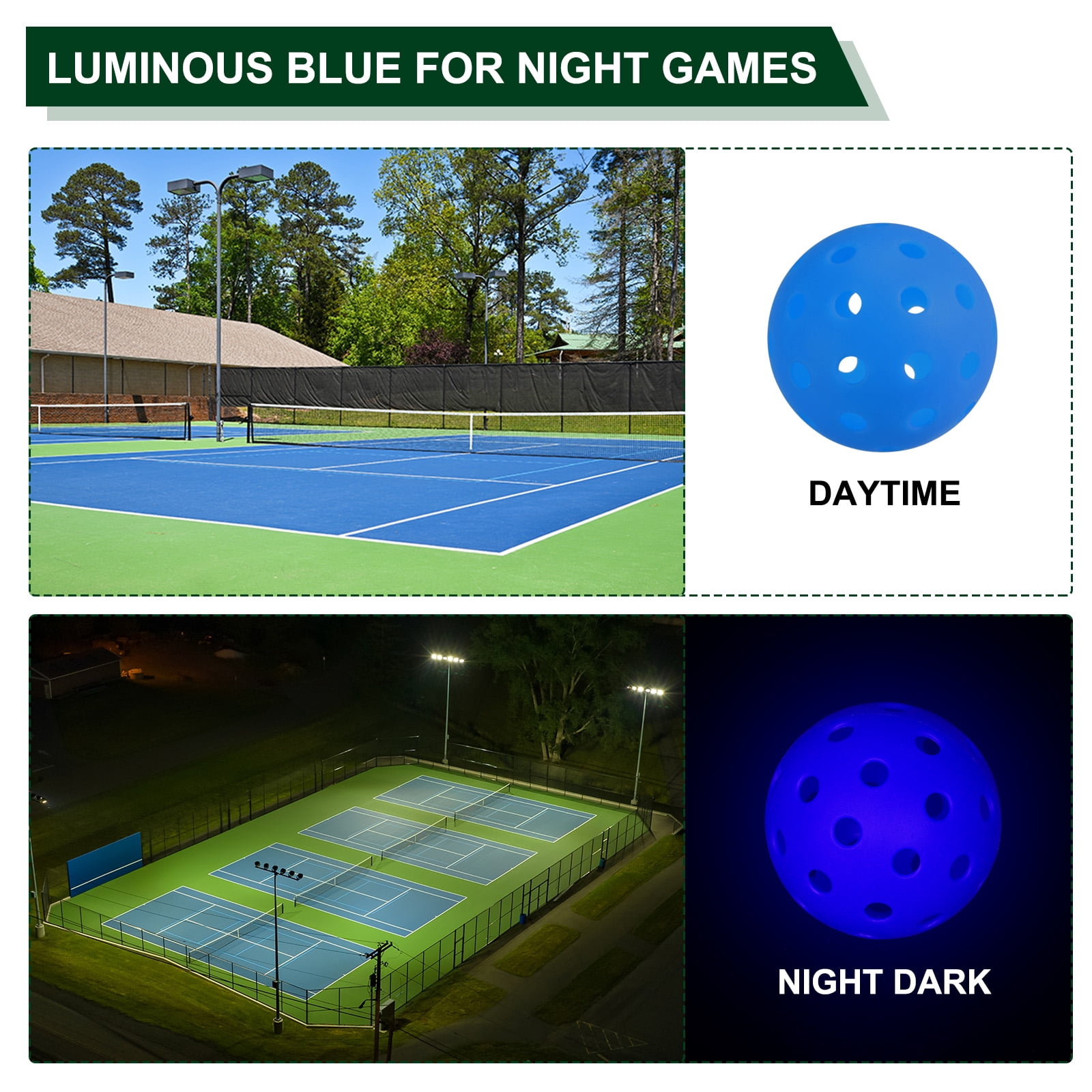 Luminous Pickleball Balls 40 Holes Glow in the Dark Pickleball Balls with Mesh Bag Blue, 6 Pack